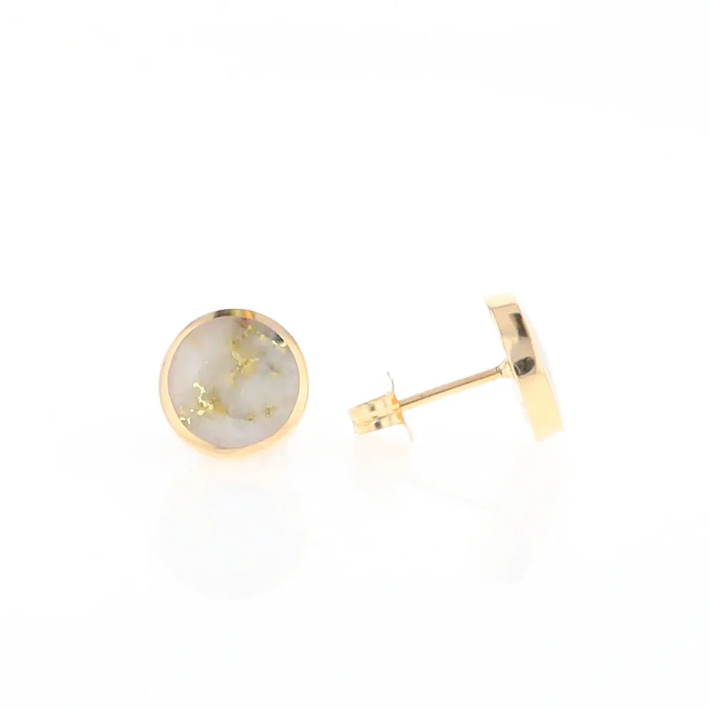 Gold Quartz Earrings 9mm Round Inlaid Studs - G2