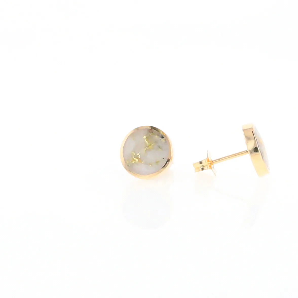 Gold Quartz Earrings 9mm Round Inlaid Studs - G2