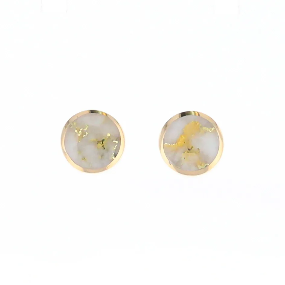 Gold Quartz Earrings 9mm Round Inlaid Studs - G2