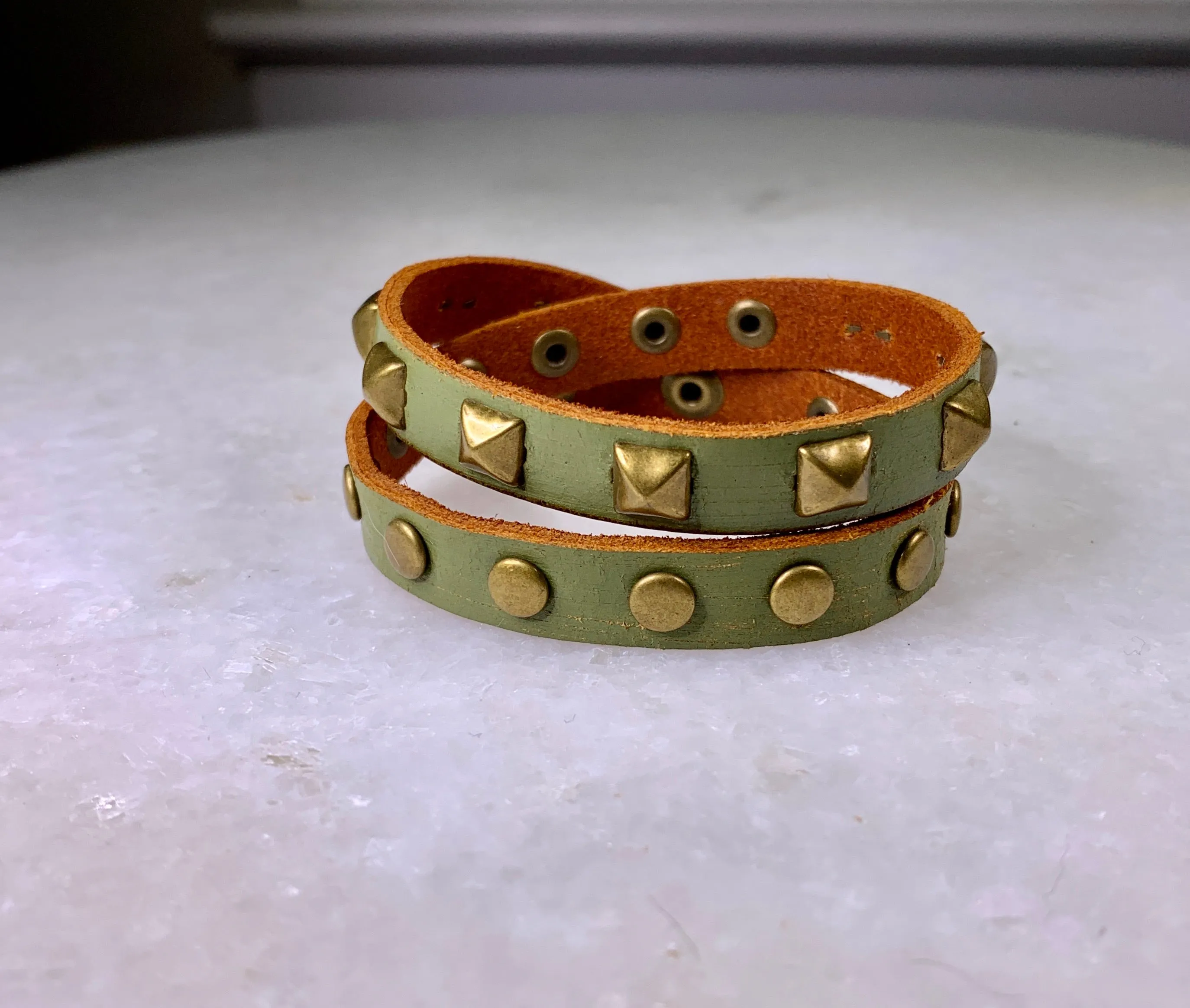 Green Leather Stud Wrap Bracelet