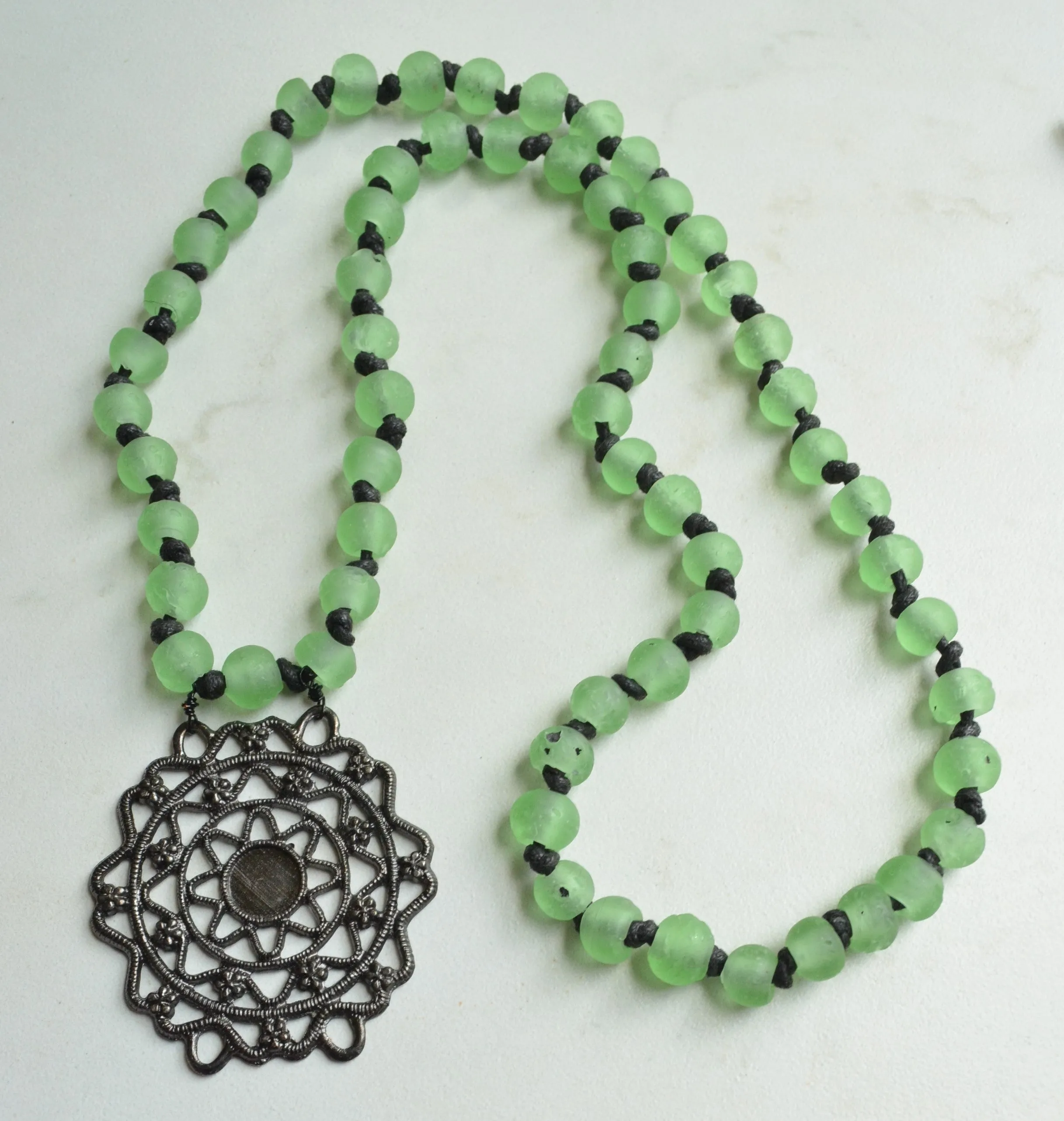 Green Long Knotted Beaded Sea Glass Pendant Boho Statement Necklace - Azores