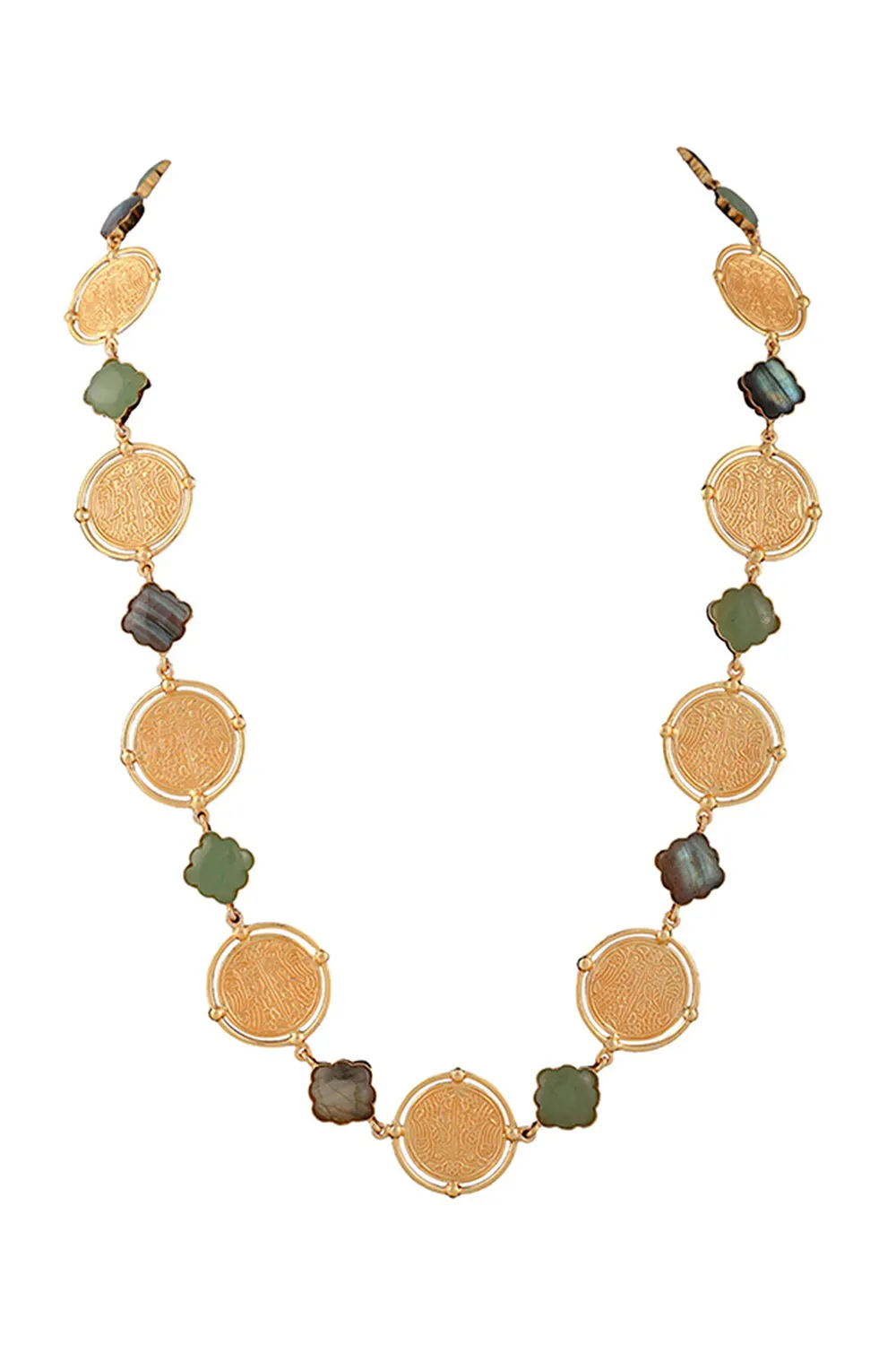 Green Quartz Coin Gold Finish Long Necklace In 92.5 Sterling Silver