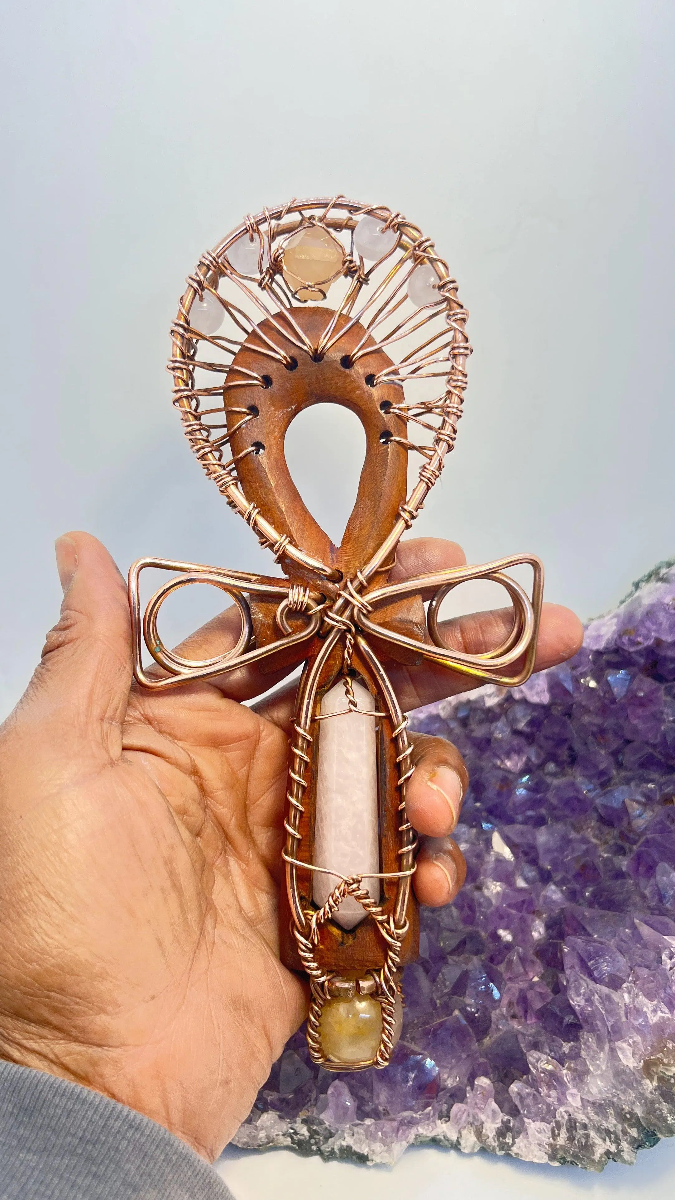 Hand Carved Cherry Wood, Rose Quartz and Beta Quartz with Golden Healer Sphere Handheld Ankh