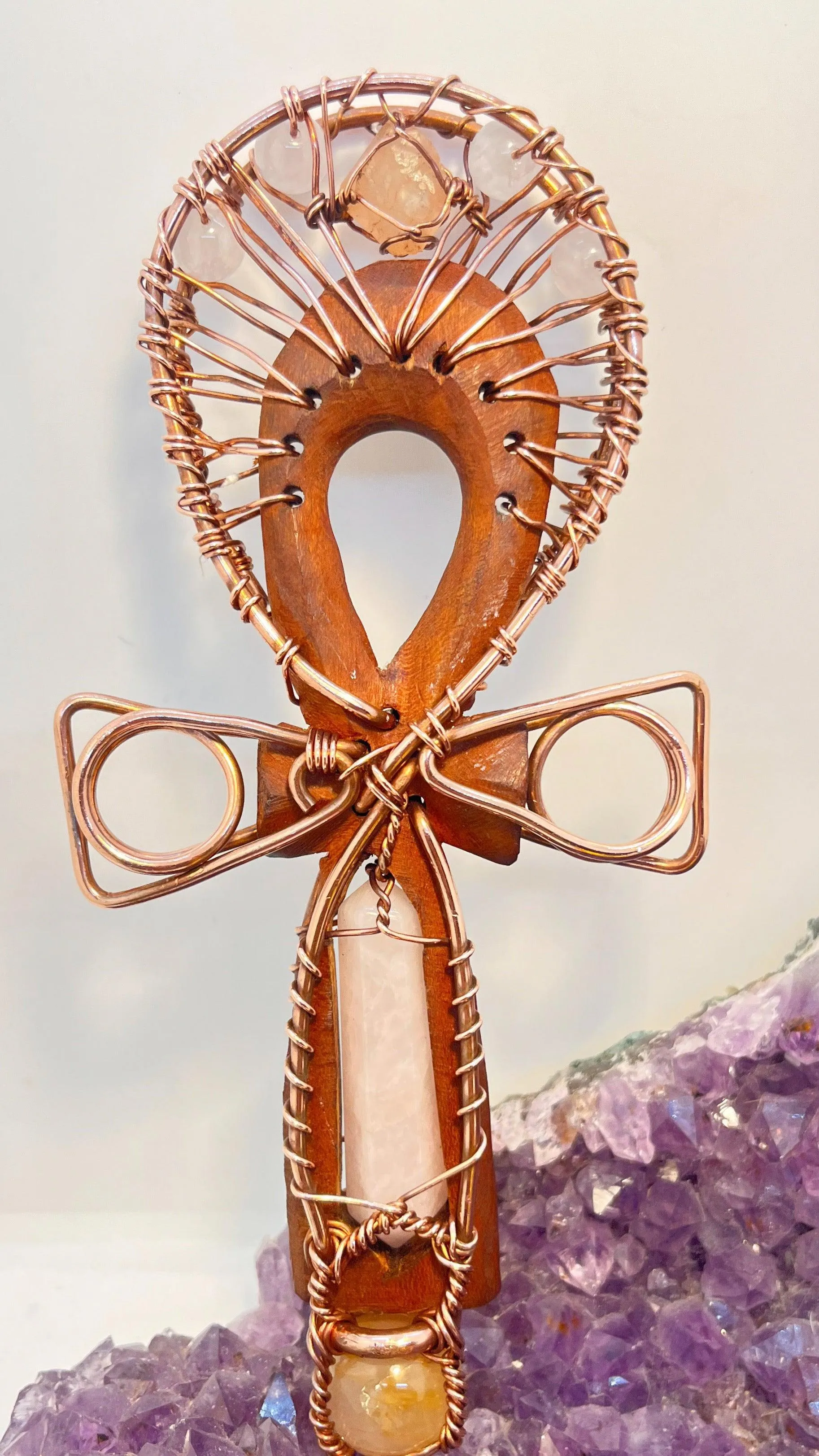 Hand Carved Cherry Wood, Rose Quartz and Beta Quartz with Golden Healer Sphere Handheld Ankh