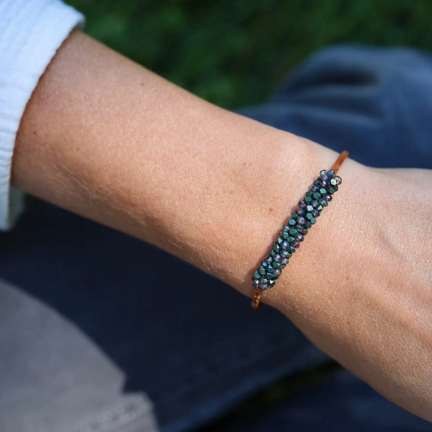 Hand Stitched Mix Green Matte Hematite & Mystic Topaz on Natural Leather Bracelet