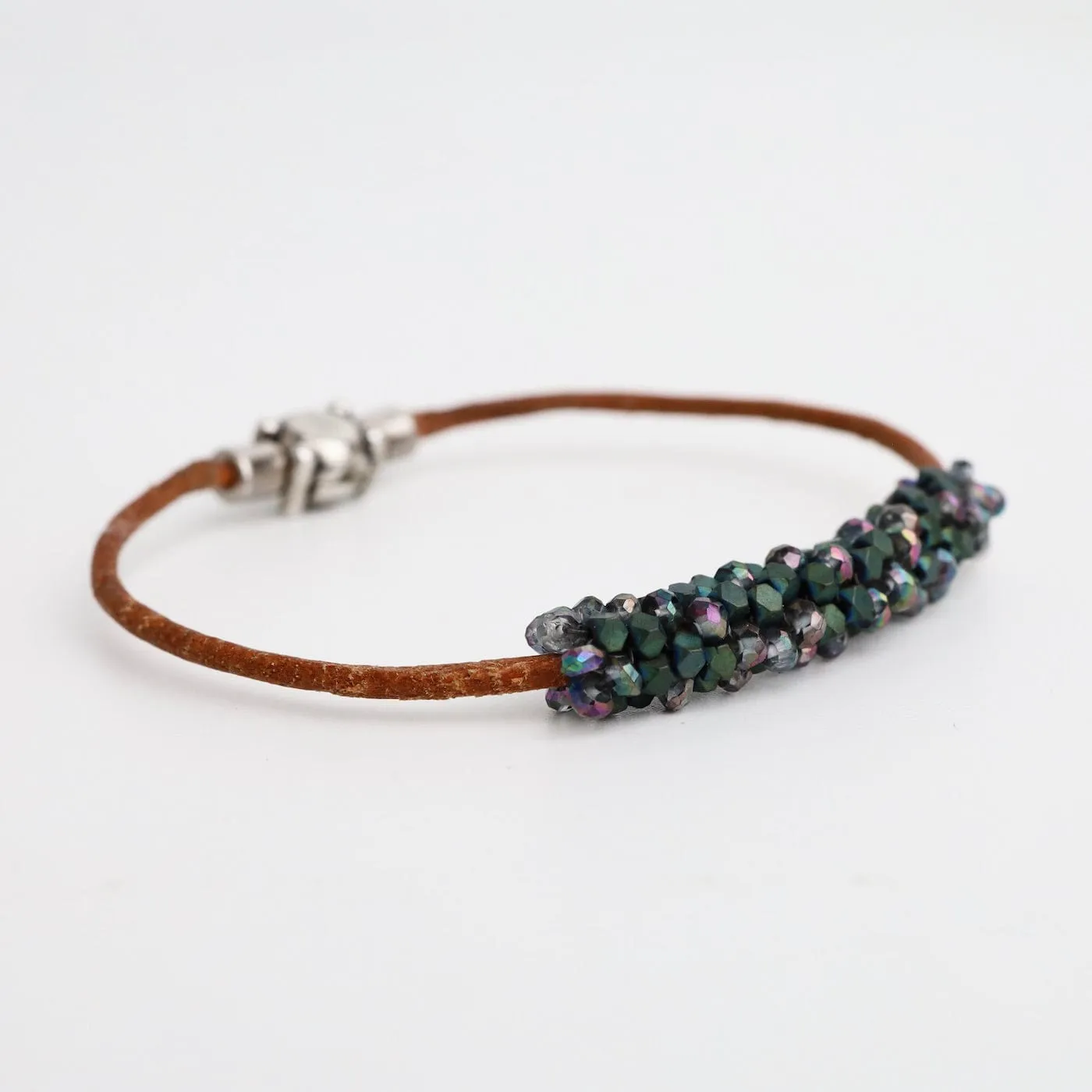 Hand Stitched Mix Green Matte Hematite & Mystic Topaz on Natural Leather Bracelet