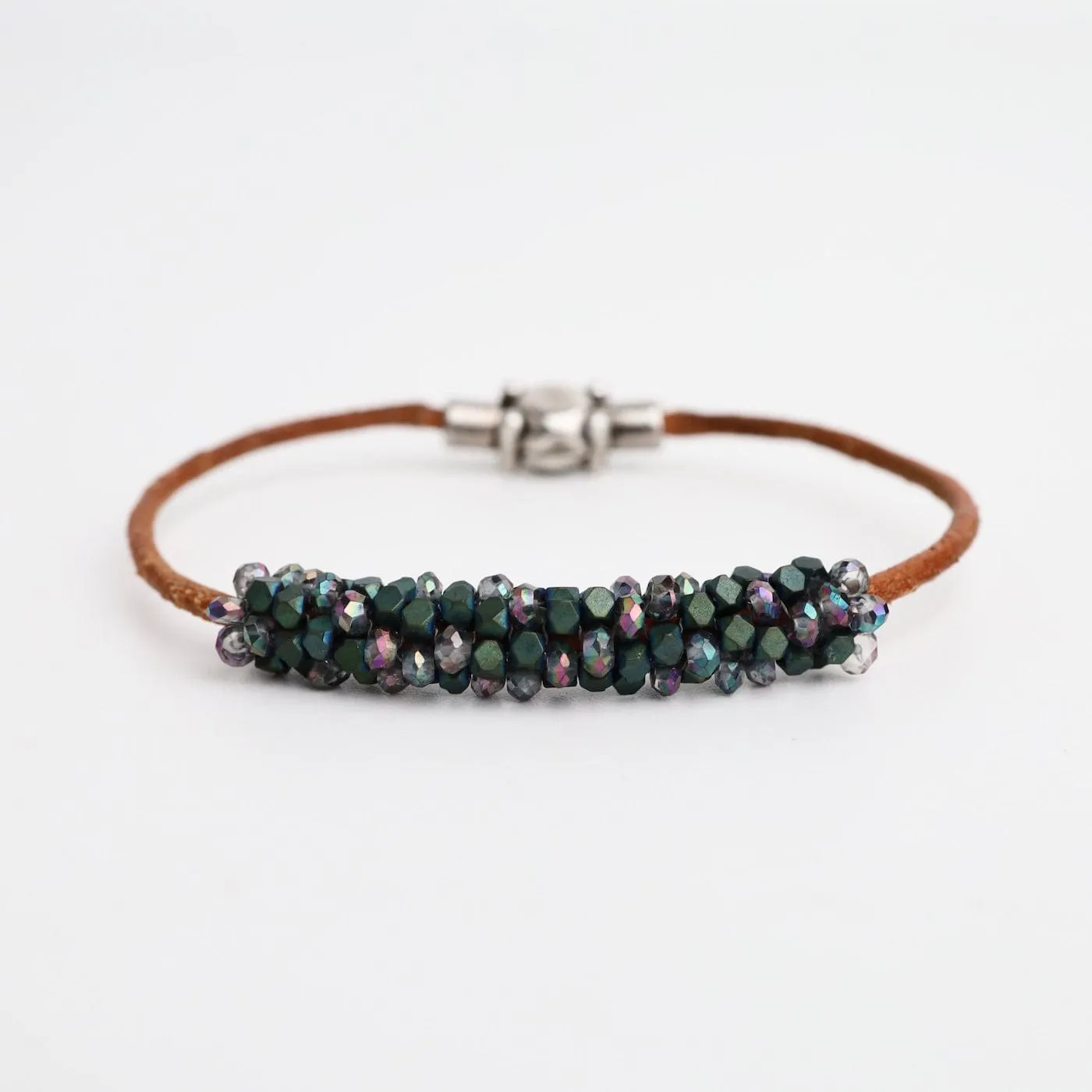 Hand Stitched Mix Green Matte Hematite & Mystic Topaz on Natural Leather Bracelet