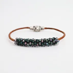 Hand Stitched Mix Green Matte Hematite & Mystic Topaz on Natural Leather Bracelet