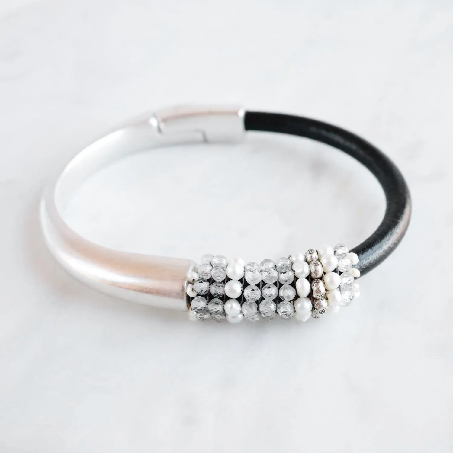 Hand Stitched White Zircon, Pearl & Hill Tribe Silver 1/2 Cuff Bracelet