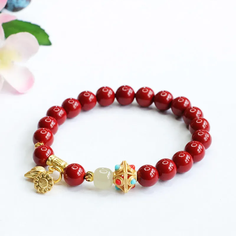 Happiness and Prosperity Sterling Silver Bracelet with Hotan Jade and Cinnabar