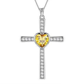 Heart Birthstone November Citrine Cross Necklace Pendant Women Girls Jewelry Birthday Gift