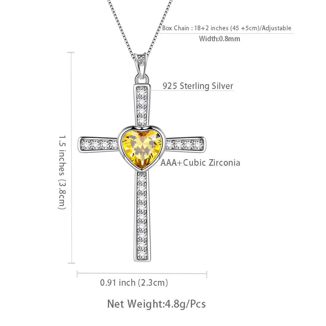 Heart Birthstone November Citrine Cross Necklace Pendant Women Girls Jewelry Birthday Gift