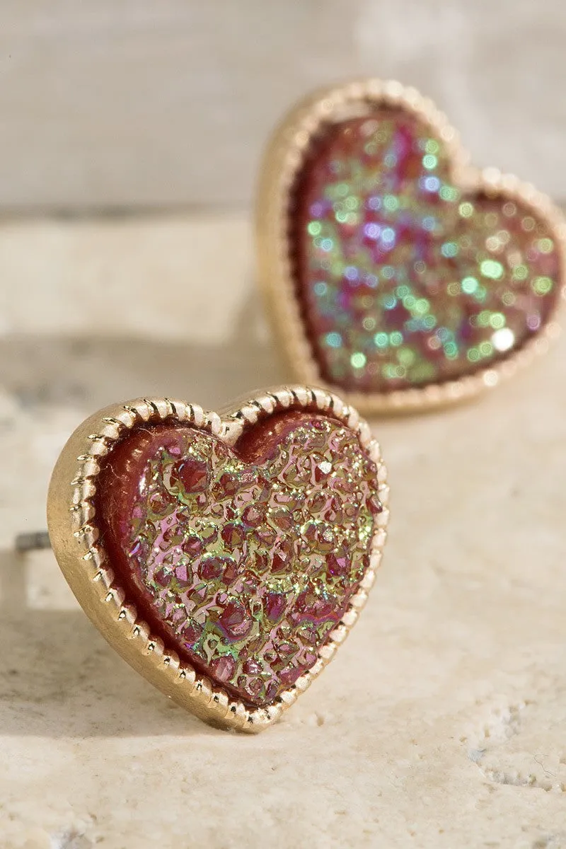 Heart Druzy Quartz Stud Earrings