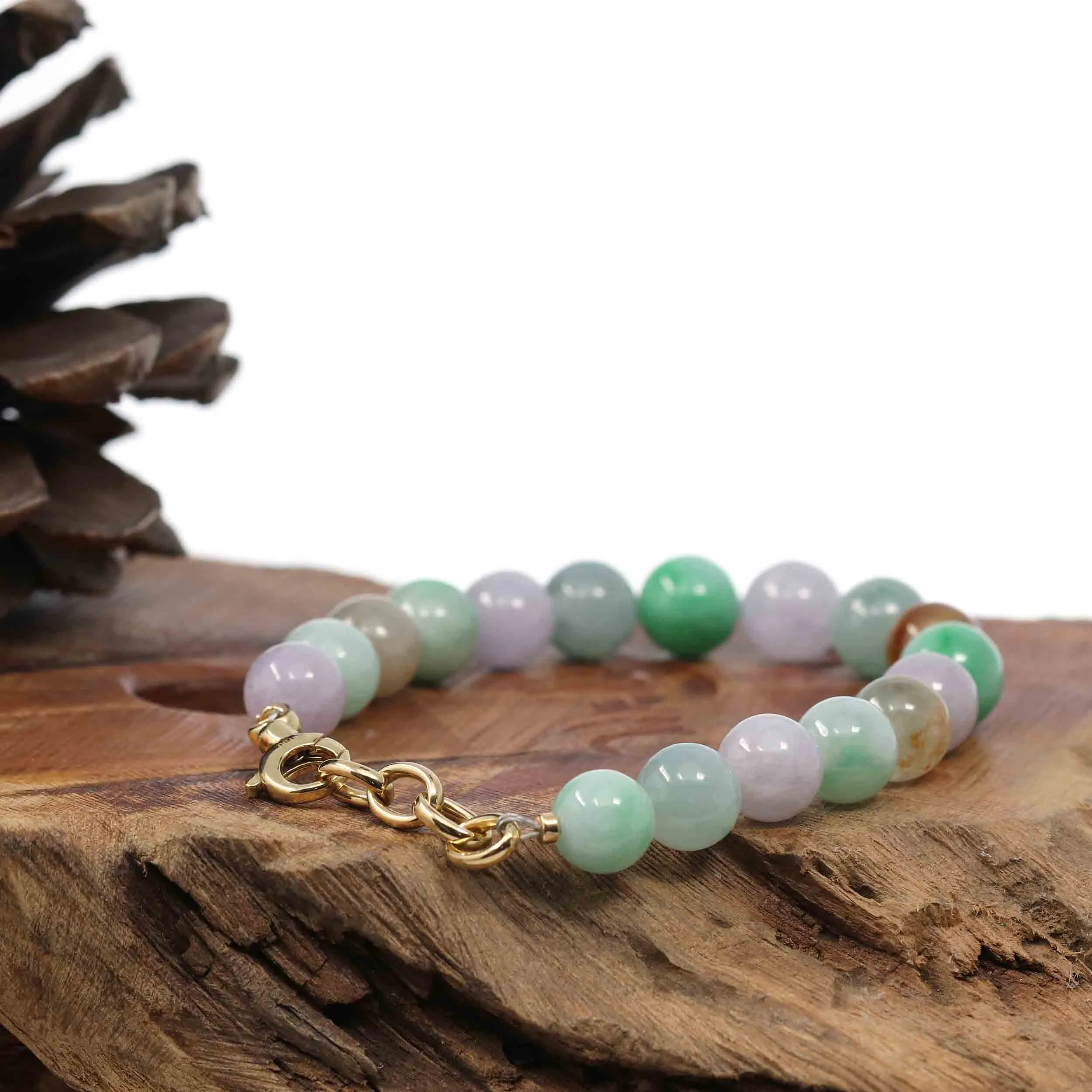 High Multiple Colors Jadeite Jade Beads Bracelet With 18K Yellow Gold Clasp ( 9.5 mm )