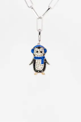 Holiday Penguin Crystal Sterling Silver Charm With Paperclip Bracelet (BLUE)