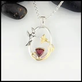 Hummingbird and Raspberry Tourmaline Pendant