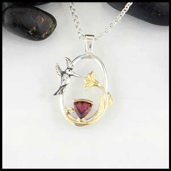 Hummingbird and Raspberry Tourmaline Pendant