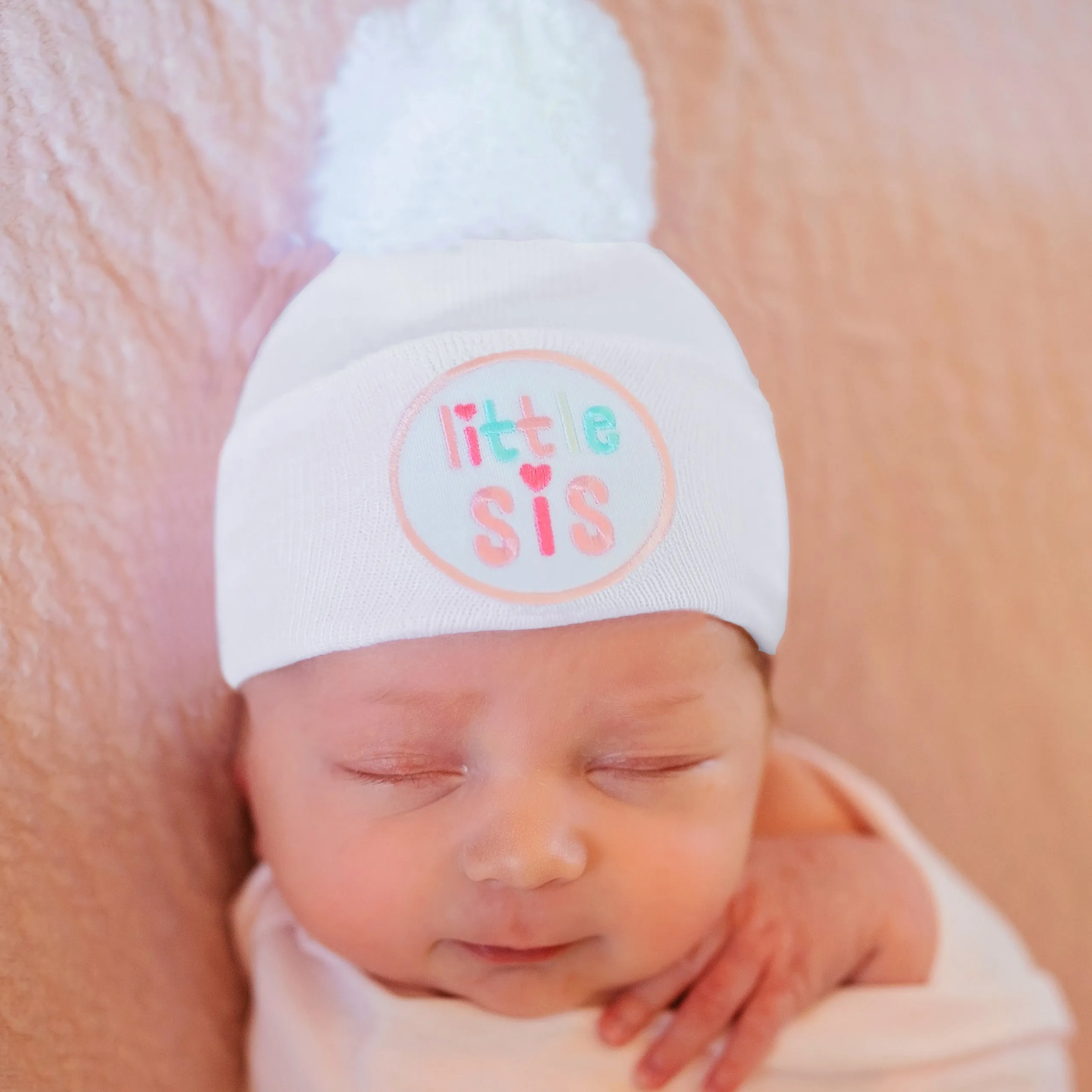 ilybean Little Sis with White Pom Pom Newborn Girl Hospital Hat - White, Pink and Striped Hat