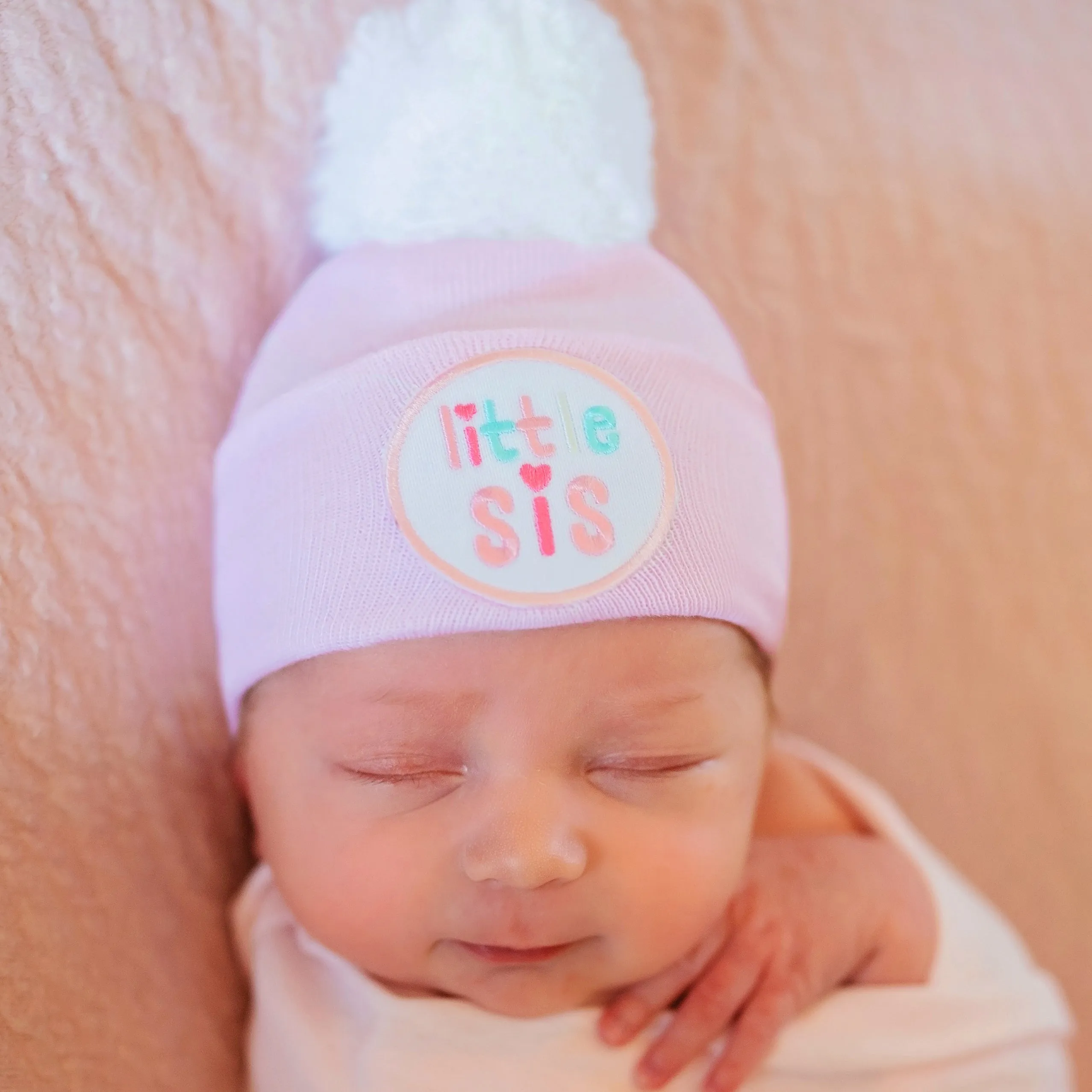 ilybean Little Sis with White Pom Pom Newborn Girl Hospital Hat - White, Pink and Striped Hat