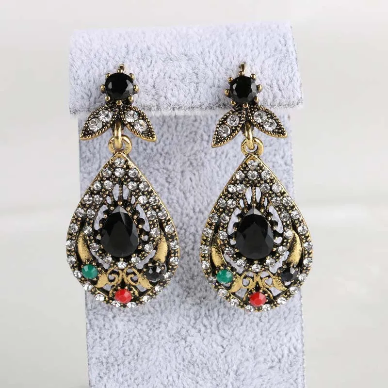 India Jewelry Sets Plated Ancient Bronze Mosaic Rhinestone Hollow Out Carved Geometric Vintage Statement Bracelets Earrings Set