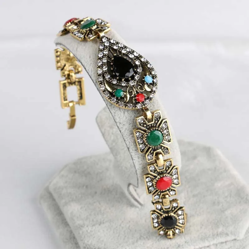 India Jewelry Sets Plated Ancient Bronze Mosaic Rhinestone Hollow Out Carved Geometric Vintage Statement Bracelets Earrings Set