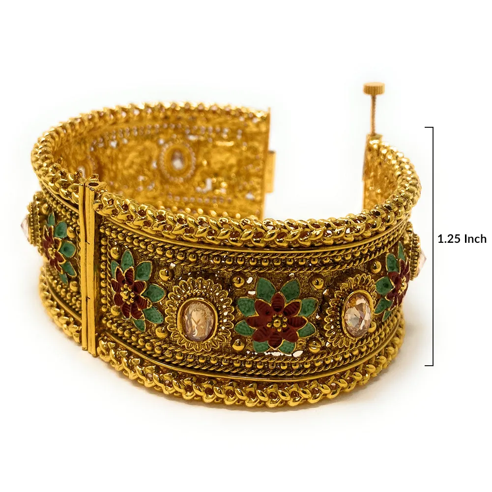 Indian Pakistani Bridal Party Ethnic Gold Plated Openable Kada Bangle Bracelet Set for Women in Kundan Polki Red Green Enamel - Duel On Jewel