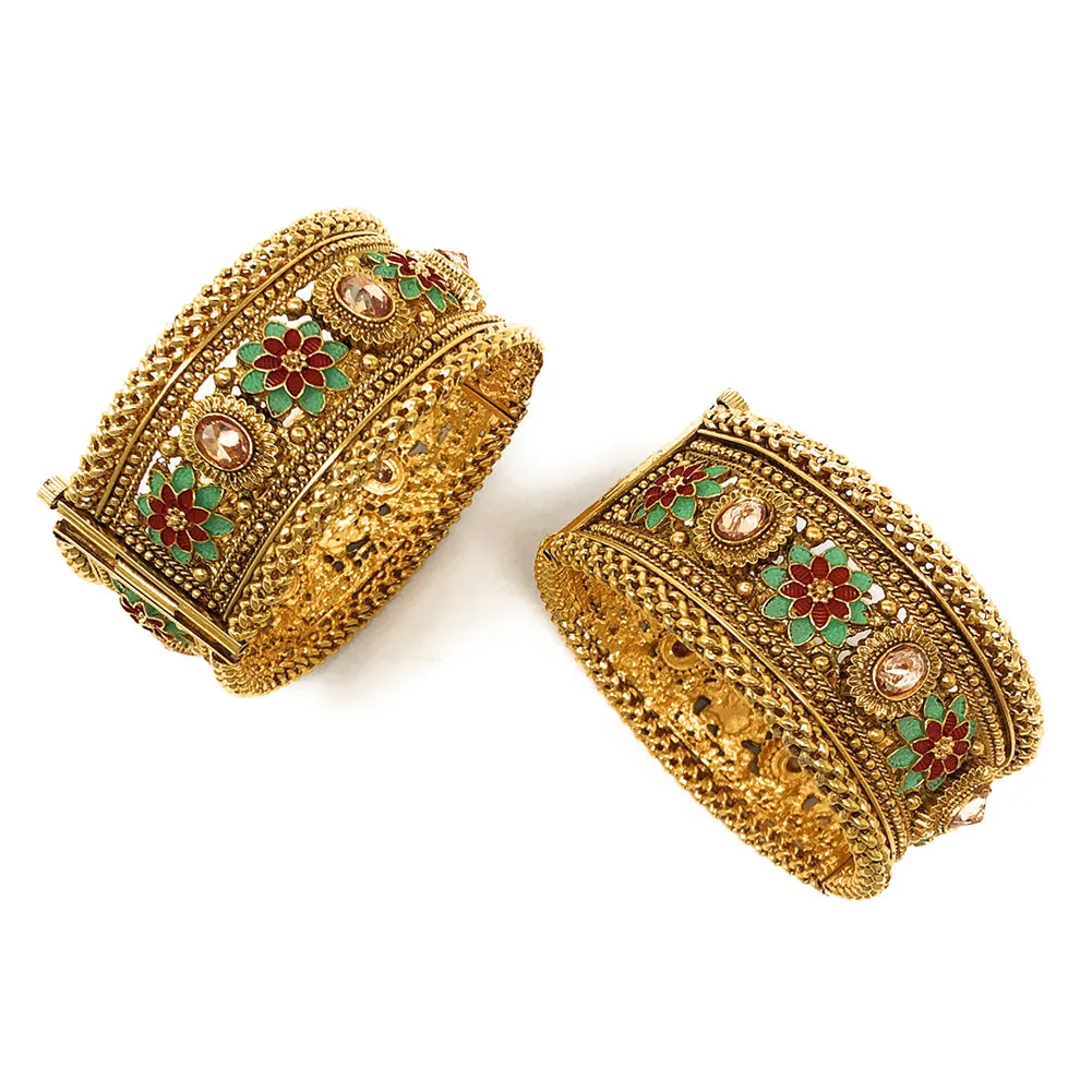 Indian Pakistani Bridal Party Ethnic Gold Plated Openable Kada Bangle Bracelet Set for Women in Kundan Polki Red Green Enamel - Duel On Jewel