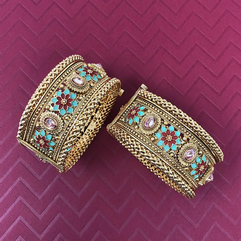 Indian Pakistani Bridal Party Ethnic Gold Plated Openable Kada Bangle Bracelet Set for Women in Kundan Polki Red Green Enamel - Duel On Jewel