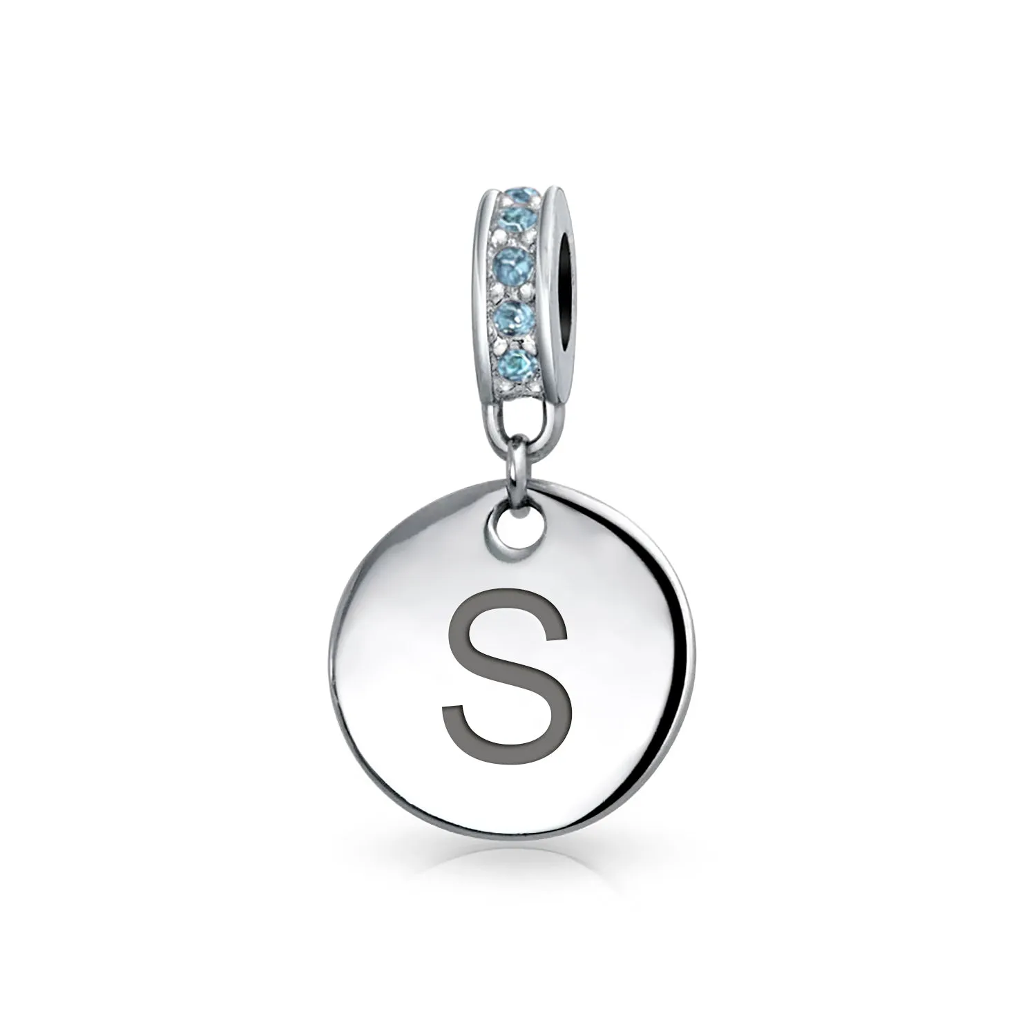 Initial Alphabet Bead Charm Light Blue Crystal Accent Dangle for European Bracelet