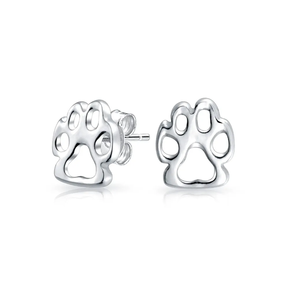 Initials Dog Cat Puppy Pet Paw Print Paw Stud Earrings Gold .925 Sterling Silver