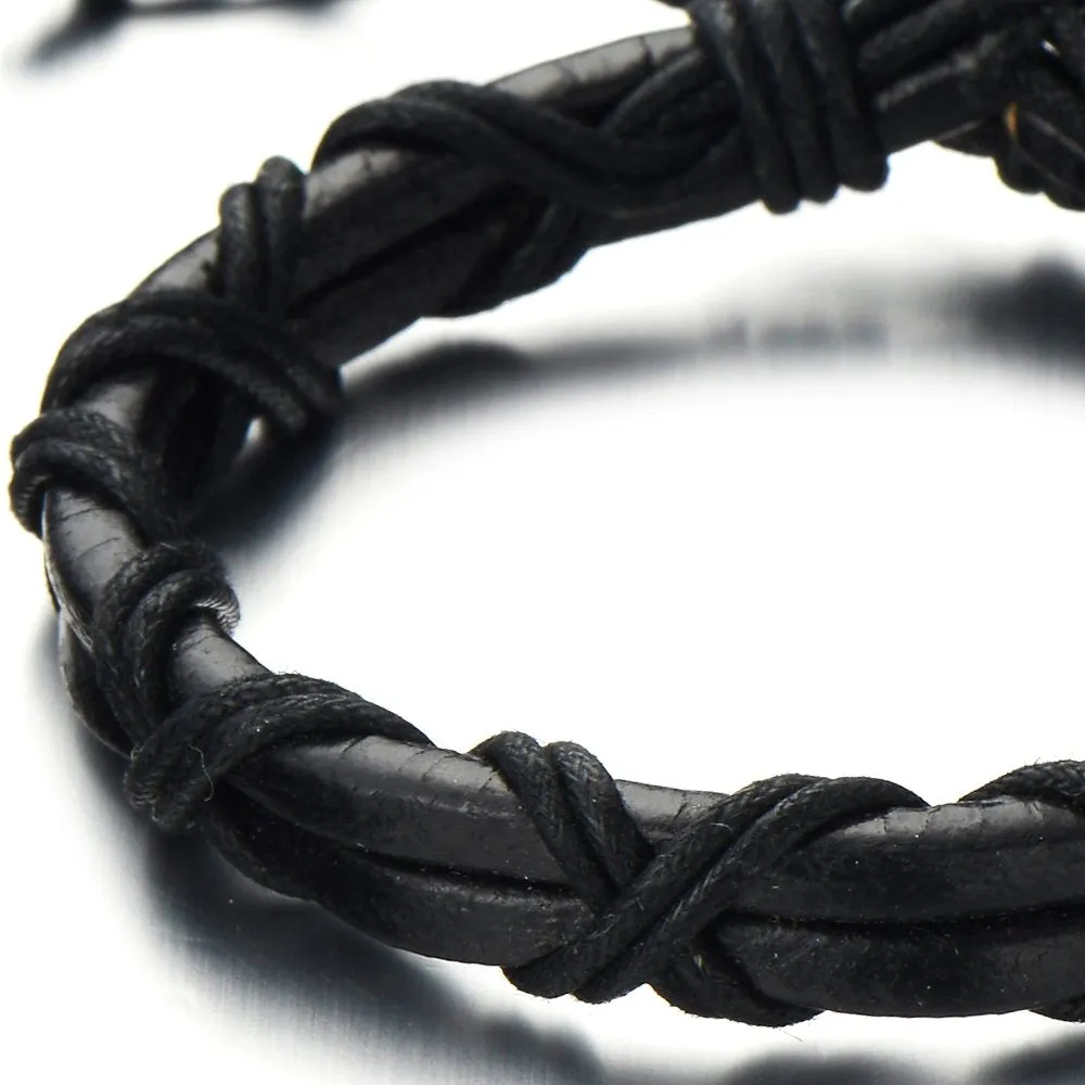 Interwoven Mens Black Leather Bracelet Double-row Wrap Bracelet Genuine Leather Wristband