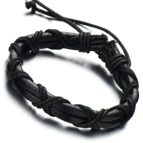 Interwoven Mens Black Leather Bracelet Double-row Wrap Bracelet Genuine Leather Wristband