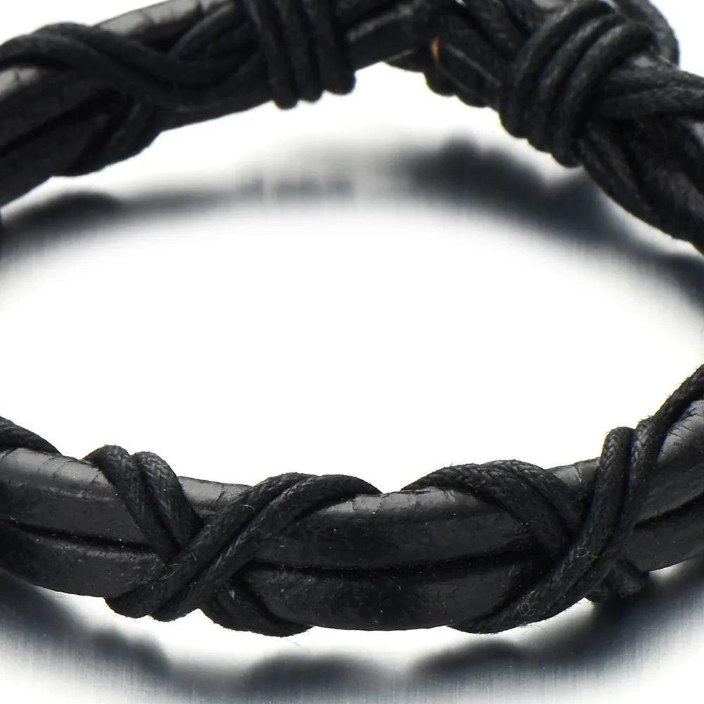 Interwoven Mens Black Leather Bracelet Double-row Wrap Bracelet Genuine Leather Wristband