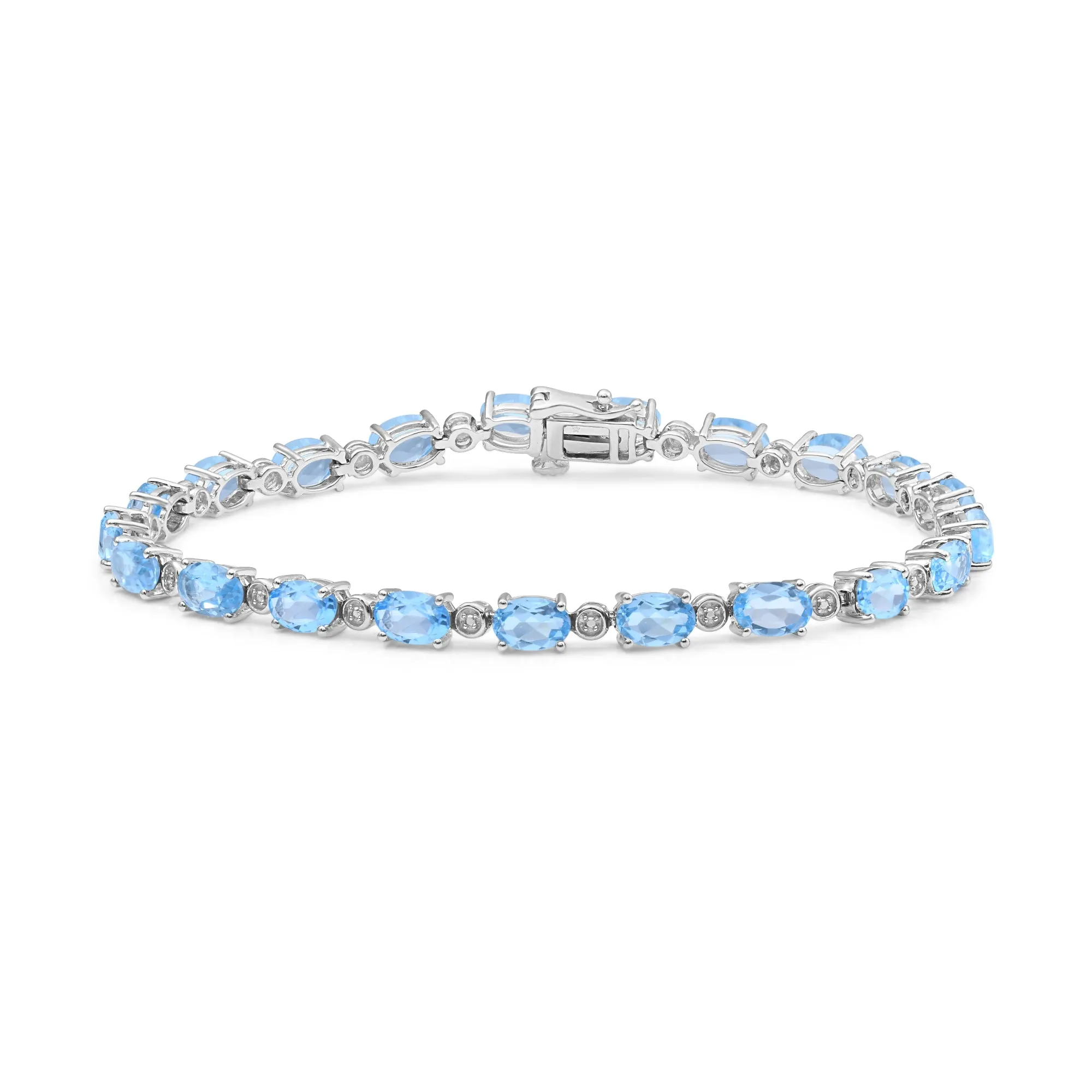 Jewelili Sterling Silver Oval Shape Swiss Blue Topaz and Natural white Round Diamond Accent Link Bracelet