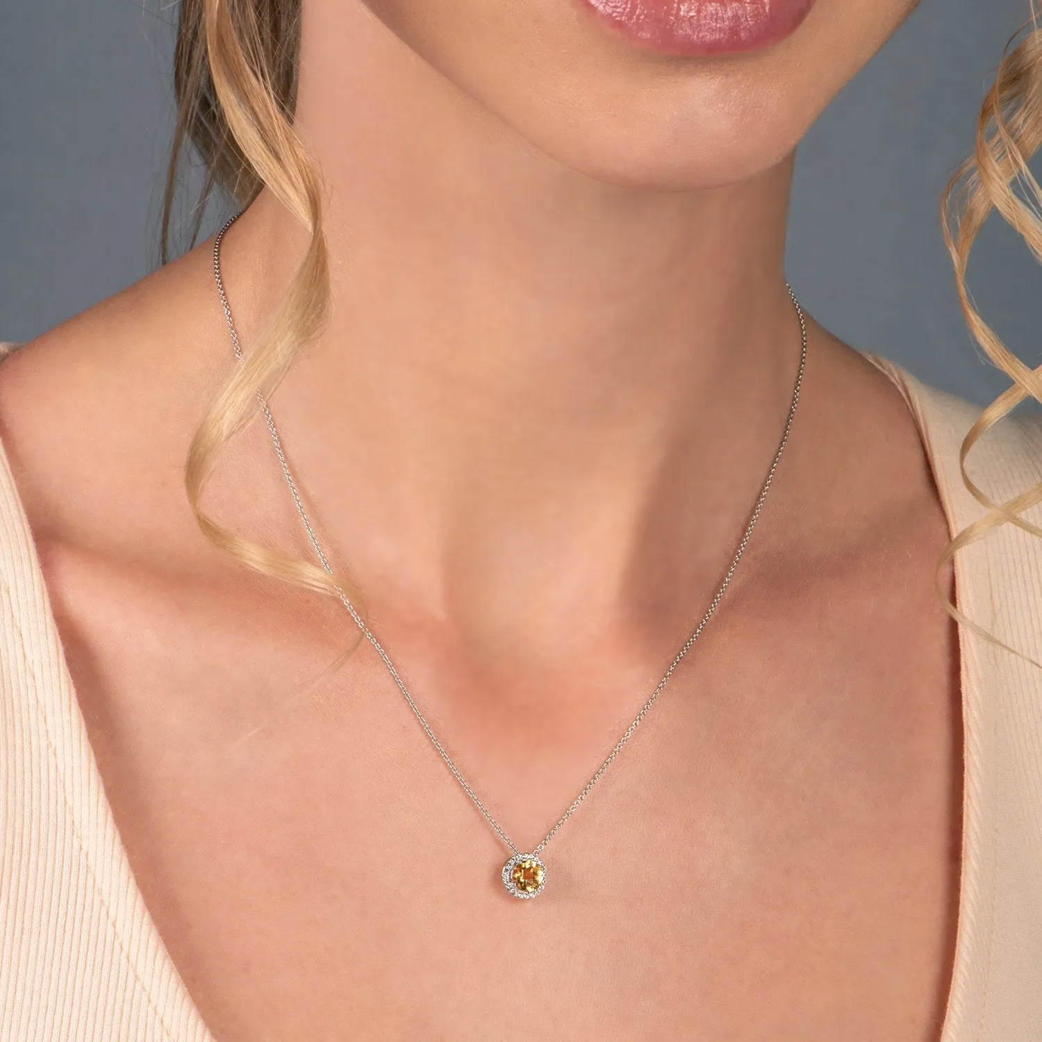 Jewelili Sterling Silver with Round Citrine and Created White Sapphire Halo Pendant Necklace