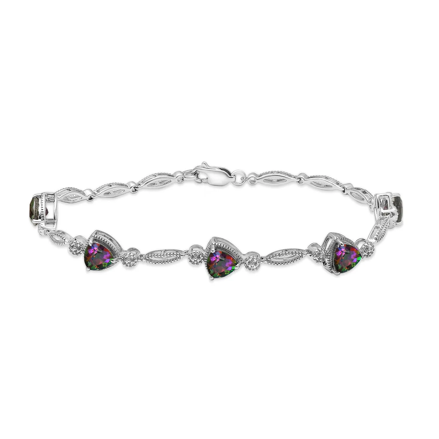 Jewelili Sterling Silver With Trillion Cut Mystic Topaz Link Bracelet