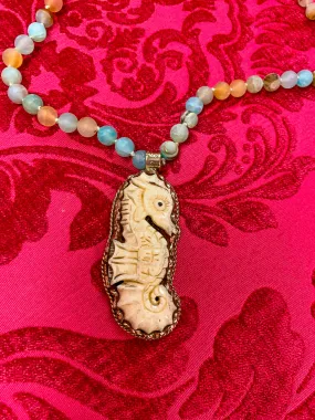 Just Horsin’ Around  Seahorse Malibu Hippie Quartz Turquoise Mix Beaded Necklace