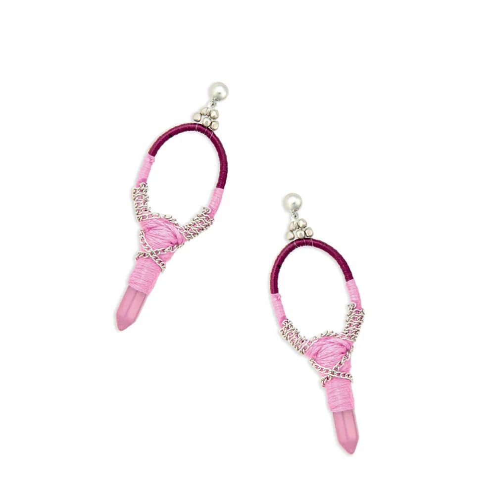 Krystal Key Woven, Beaded Earrings With Crystal Charm in Pink