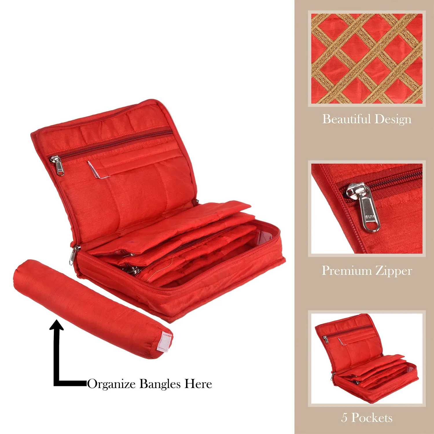 Kuber Industries Jewellery Kit with Bangle Roll | Polyester Gota Lace Check Design Vanity Organizer | 4 Transparent Pouch & 1 Compartment Cosmatic Kit | Red