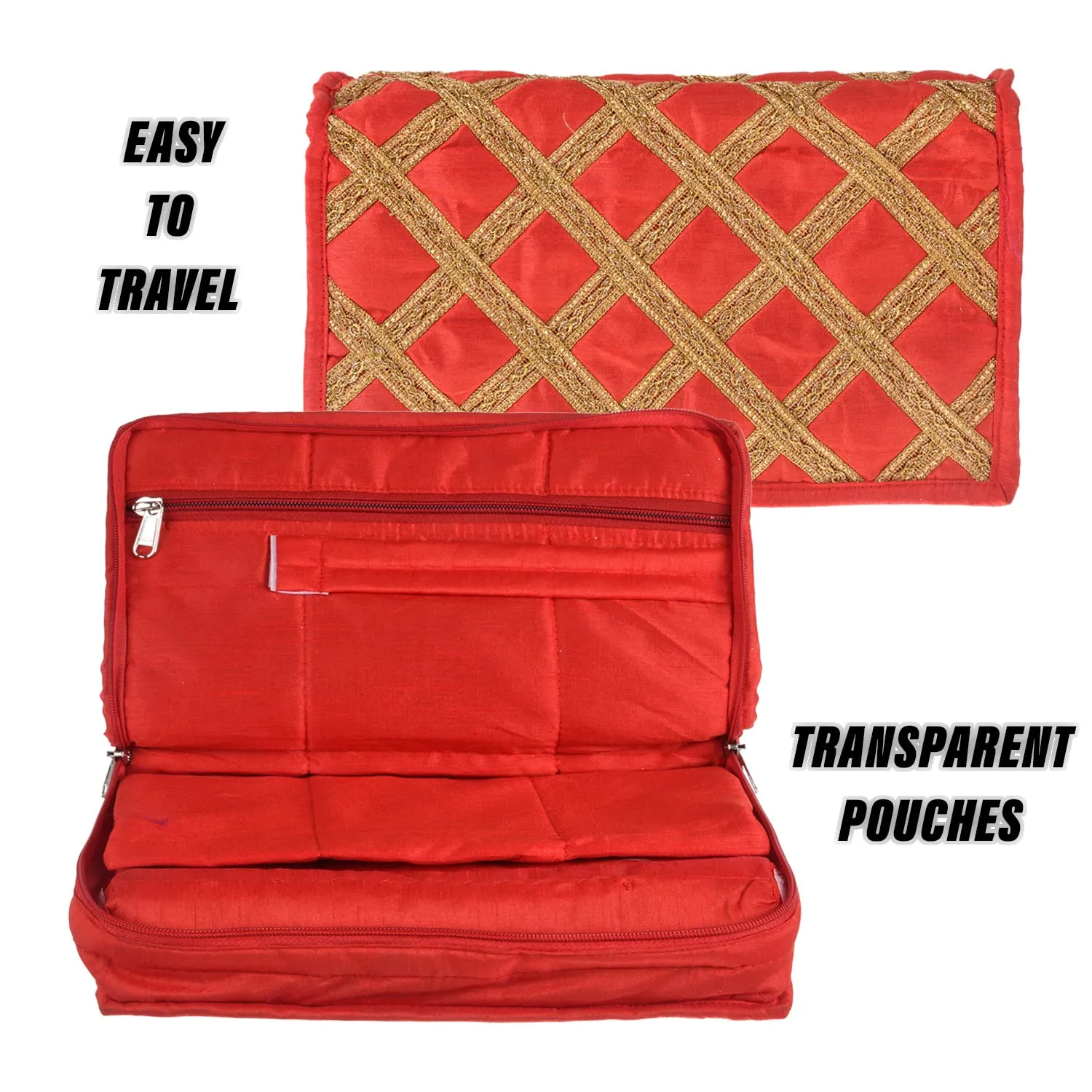 Kuber Industries Jewellery Kit with Bangle Roll | Polyester Gota Lace Check Design Vanity Organizer | 4 Transparent Pouch & 1 Compartment Cosmatic Kit | Red