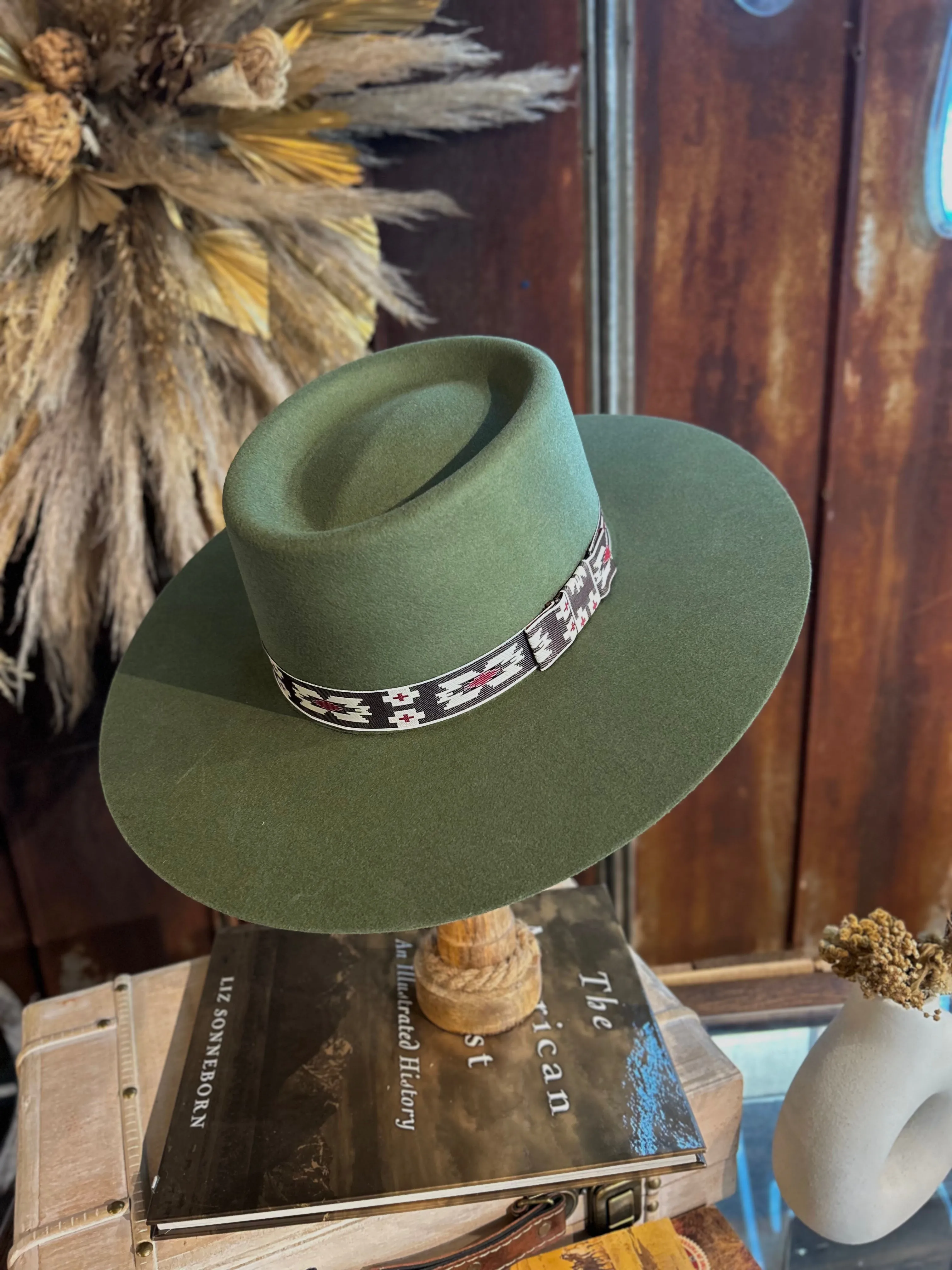 Ladies Round Top Flat Brim Hat- Olive