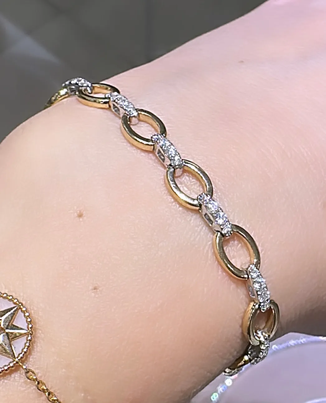 Ladies Two Tone Gold Diamond Pave Link Bracelet