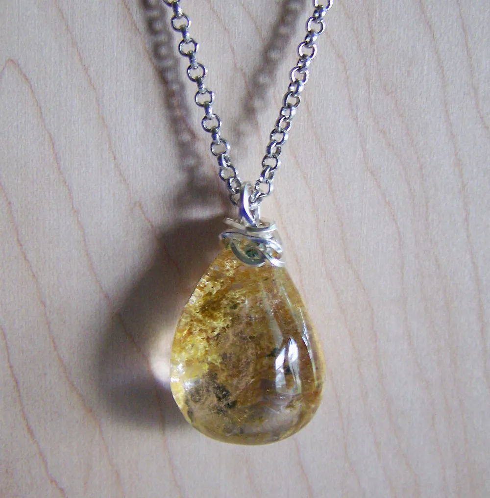 Landscape Quartz Gold and Green Polished Lodolite Crystal Pendant Necklace