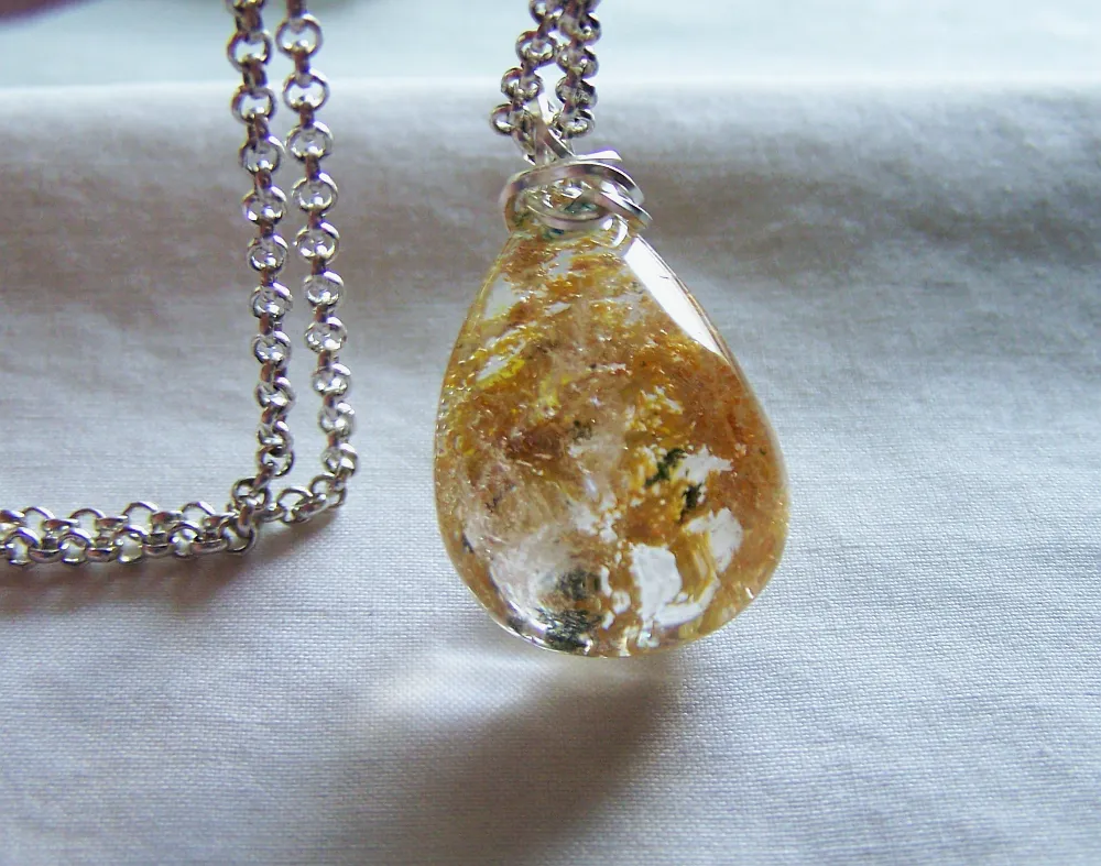 Landscape Quartz Gold and Green Polished Lodolite Crystal Pendant Necklace