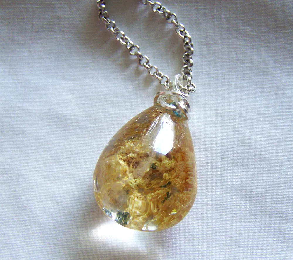 Landscape Quartz Gold and Green Polished Lodolite Crystal Pendant Necklace