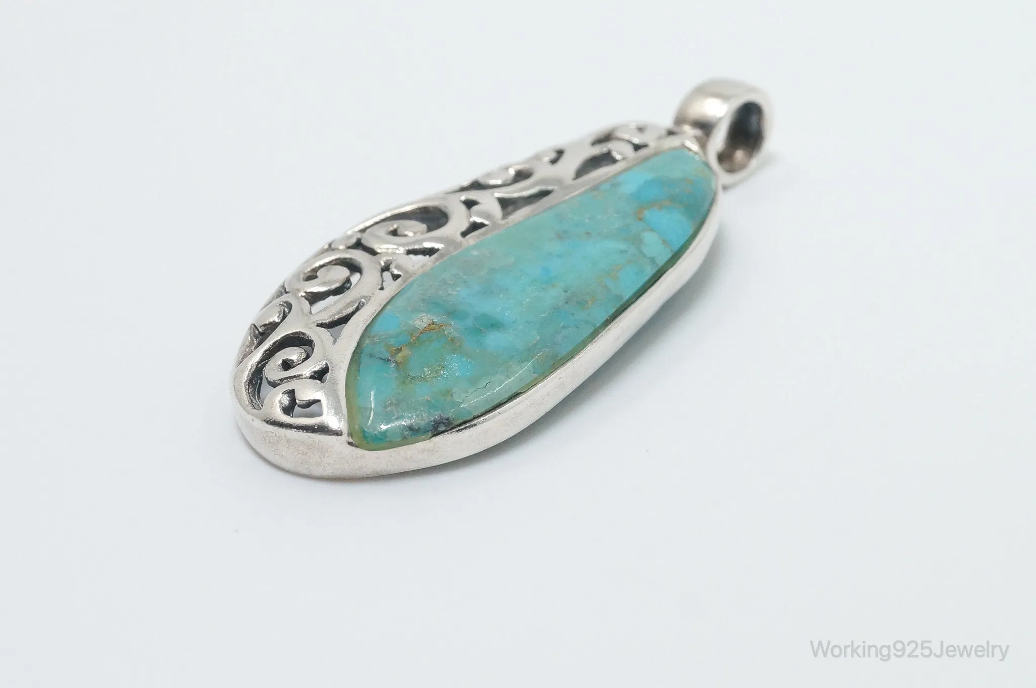 Large Vintage Turquoise Scroll Sterling Silver Southwestern Pendant