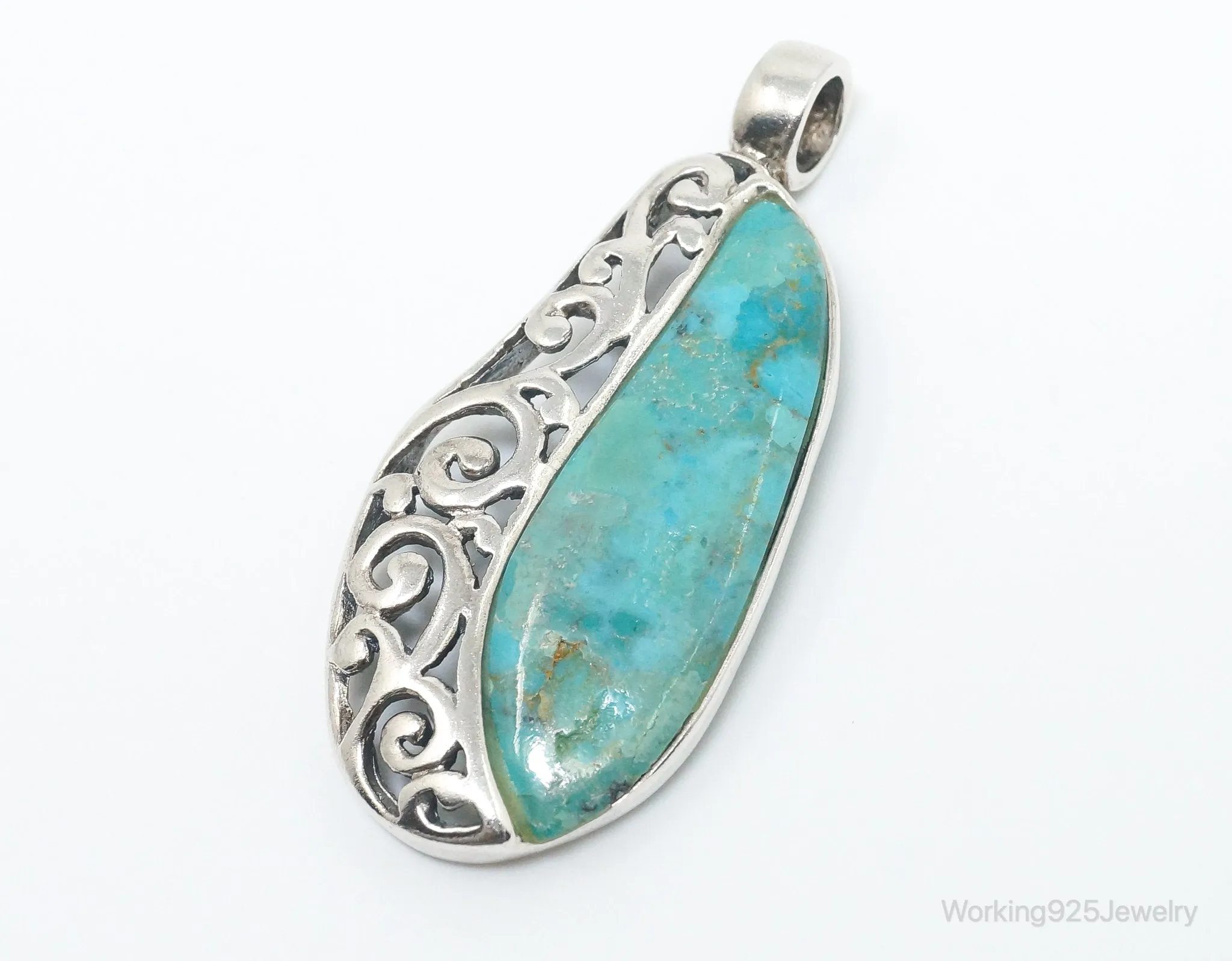 Large Vintage Turquoise Scroll Sterling Silver Southwestern Pendant