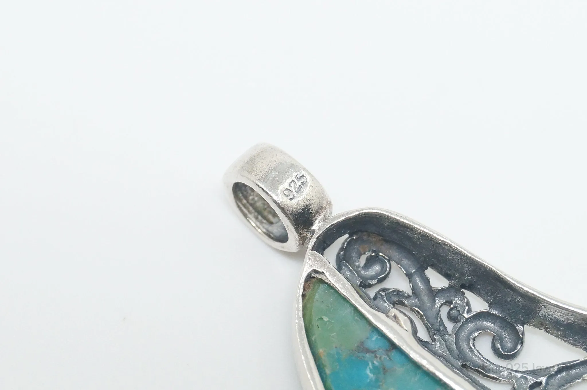 Large Vintage Turquoise Scroll Sterling Silver Southwestern Pendant