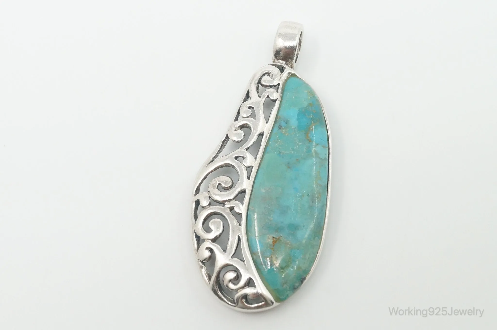 Large Vintage Turquoise Scroll Sterling Silver Southwestern Pendant