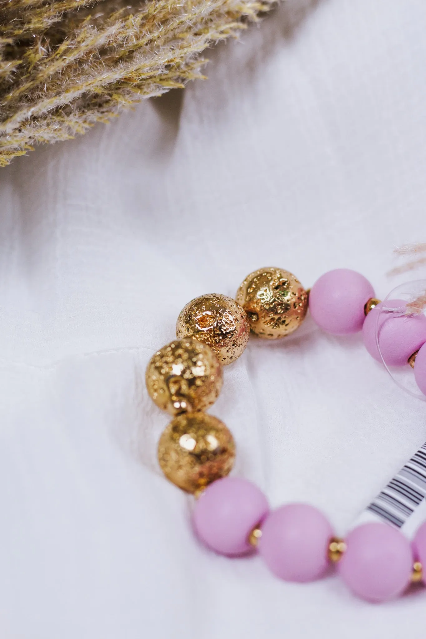 Lavender Wood Beaded and Gold Textured Stretch Bracelet